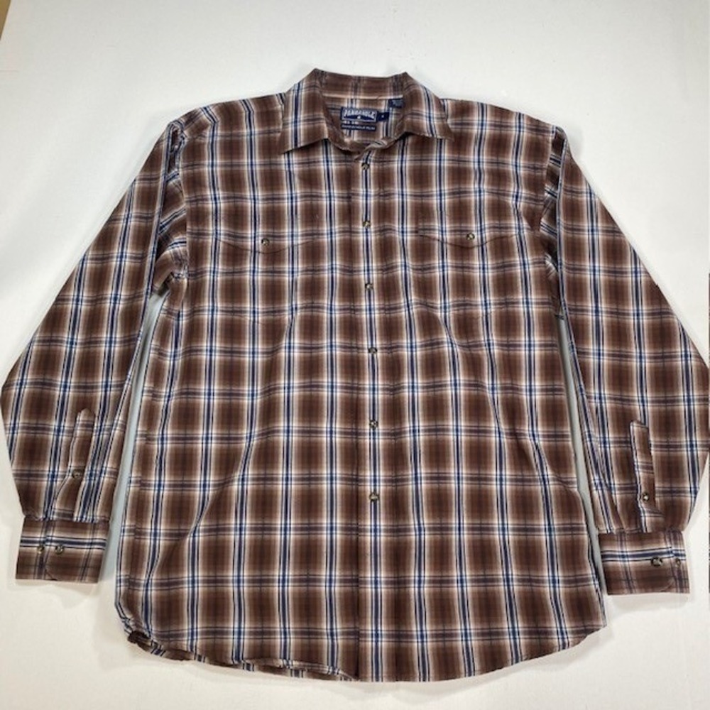 PANHANDLE SLIM Mens Brown Blue Plaid Long‎ Sleeve Pearl Snap Up Shirt M